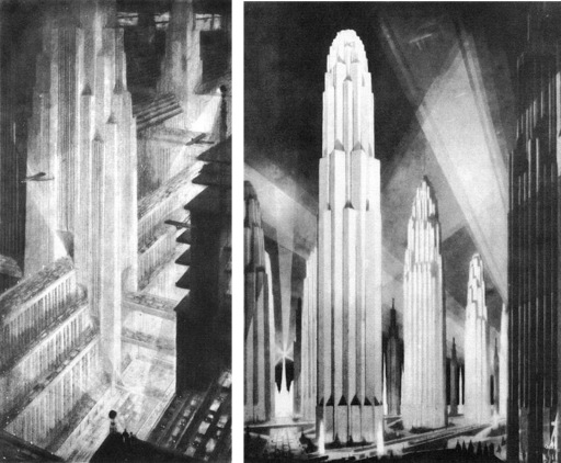 Los dibujos de Hugh Ferris pueden tomarse como una referencia directa de la arquitectura de "Metropolis"